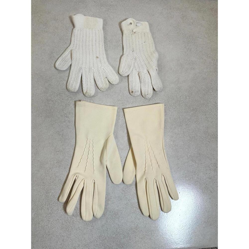 VTG Women’s S/M Ivory Crochet & Nylon Dress Gloves Mid Century Elegant